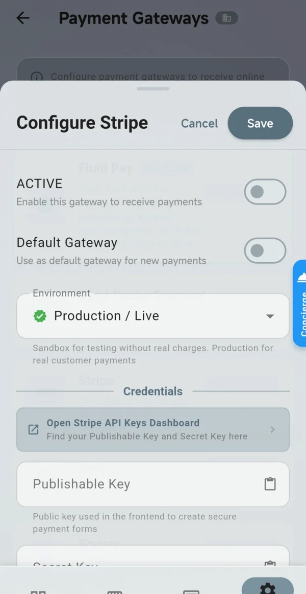 Configure Stripe: the ACTIVE and Default Gateway switches, Environment set to Production / Live and the Credentials fields